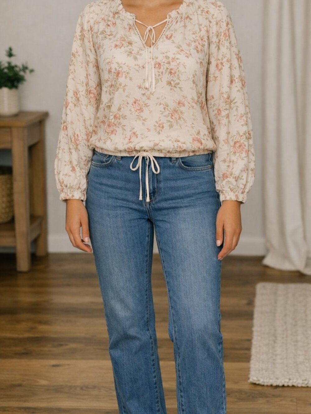 American Eagle Floral Tie-Front Peasant Blouse  AE77 ORGANIC COTTON Large